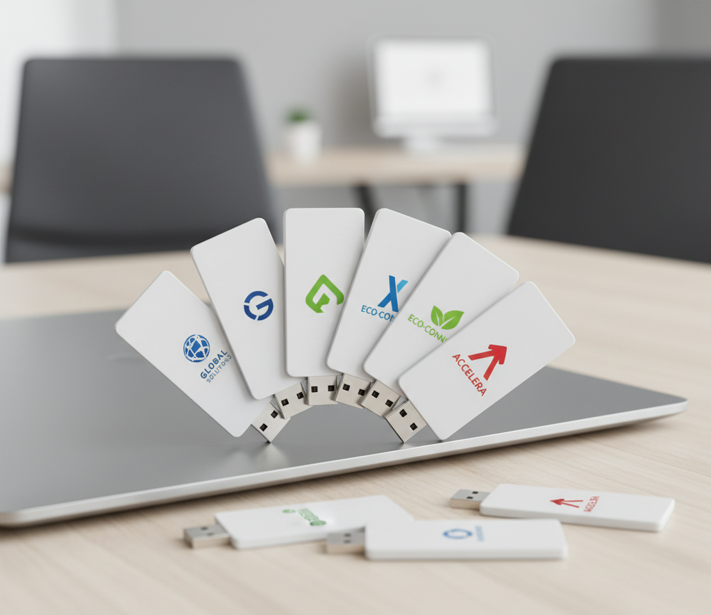 Promosyon logo baskılı kart USB flash bellek 8,4 x 5,2 cm, çift yön UV baskı, USB 2.0/3.0 seçenekli ve plastik mıknatıslı pencereli kutuda